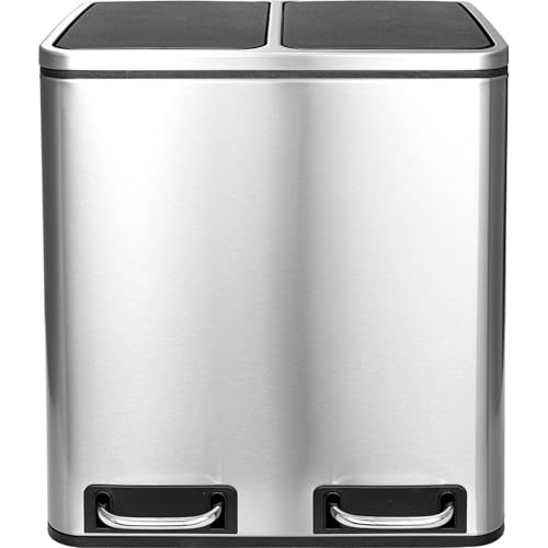 Treteimer 48 Liter Abfalleimer Mülleimer Design, Mülltrennung Papierkorb Küchen-Ordnung herausnehmbare Inneneimer mit Henkel Deckel mit Schließdämpfer Trennsystem Edelstahl (Silber) von Herpaty