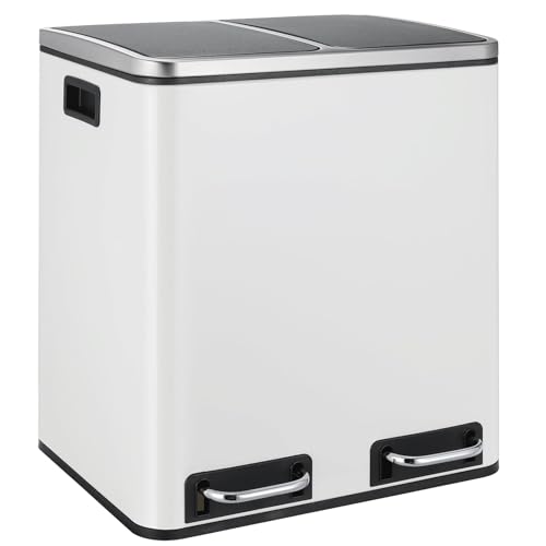 Treteimer 48 Liter Abfalleimer Mülleimer Design, Mülltrennung Papierkorb Küchen-Ordnung herausnehmbare Inneneimer mit Henkel Deckel mit Schließdämpfer Trennsystem Edelstahl (Weiß) von Herpaty