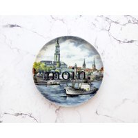 Wandteller Herr Fuchs Typo Moin. Mini Hamburg Hafen Blau 10cm Vintage von HerrFuchs