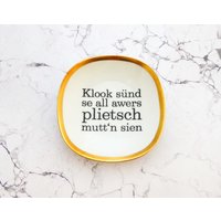 Wandteller Plietsch 11 cm Vintage Plattdeutsch Wanddeko Goldrand Herr Fuchs Mini Eckig von HerrFuchs