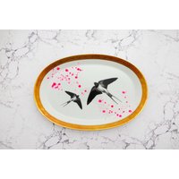 Wandteller Schwalben 32 cm Vintage Interior Wohnen Gold Neonpink Kleckse Herr Fuchs Platte von HerrFuchs