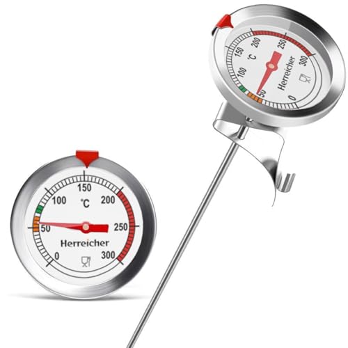 Herreicher Frittierthermometer Grillthermometer Küchenprofi 300°C - Sofort Ablesbares Analog Fleischthermometer aus Edelstahl mit praktischem Clip 23cm Langer Sonde Kochthermometer Küchenthermometer von Herreicher