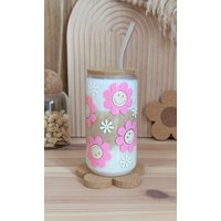 Trinkglas Blumen Smiley | Kaffeebecher To Go Daisy Glas Mit Deckel Und Strohhalm Becher Bambusdeckel Glasbecher Name von HerrlichbyLuisa