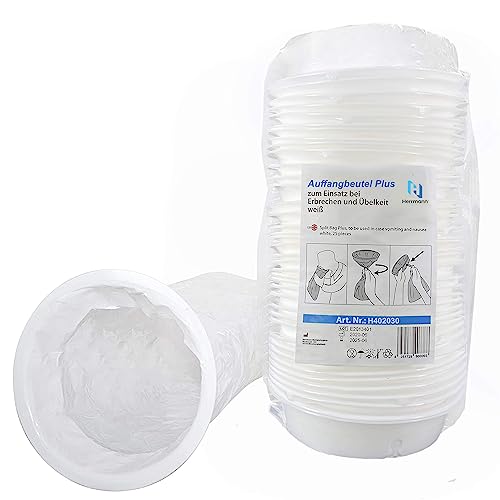 Auffangbeutel Plus mit Mundstück 25 Stück | reißfester & sicherer Kotzbeutel | Auslaufsicherer Verbesserter Verschluss-Ring | 2000 ml Spucktüten | Brechbeutel für Erwachsene und Kinder von Herrmann