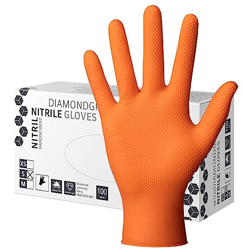 Herrmann Nitril Handschuh DiamantGrip Orange | Gr. L - 100 Stück | Perfekter GRIP Einweg Montage Schutzhandschuhe puderfrei latexfrei | Diamanttextur Nitril-Handschuhe von Herrmann