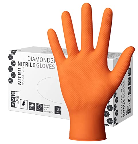 Herrmann Nitril Handschuh DiamantGrip Orange | Gr. XL - 100 Stück | Perfekter GRIP Einweg Montage Schutzhandschuhe puderfrei latexfrei | Diamanttextur Nitril-Handschuhe von Herrmann