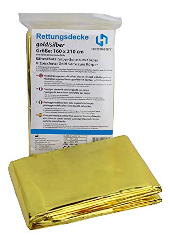 Herrmann Rettungsdecke Gold Silber | 10 Stück 210 x 160 cm | Notfalldecke für erste Hilfe im praktischen Vorteilspack | Wasser- und Winddichte Sicherheitsdecke zum Schutz bei Unfällen von Herrmann