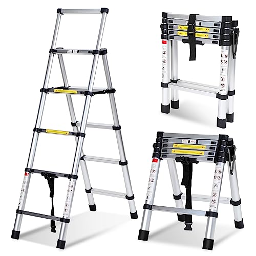 Herrselsam 1.4M+1.7M Teleskopleiter Klappleiter, Aluminium Ausziehbar Leiter A-Rahmen 4+5 Sprossen, Tragbare Ausziehleiter Rutschfesten Mehrzweckleiter, 150kg Tragkraft von Herrselsam