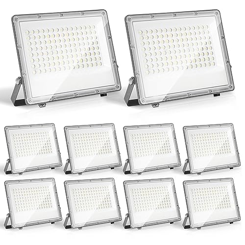 Herrselsam 10x100W Strahler Außen, LED Flutlicht 6000K Kaltweiß Superhell 9900LM Außenstrahler mit 1M Langem Kabel, LED Fluter IP65 Wasserdicht für Außen & Innen (Kein Stecker) von Herrselsam