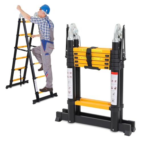 Herrselsam 3.8m(1.9m+1.9m) Teleskopleiter Klappleiter Aluminium, Mehrzweckleiter mit Tragegriff, Rutschfester Tragbar Alu Leiter Maximale Tragfähigkeit 150kg, Schwarz Gelb von Herrselsam