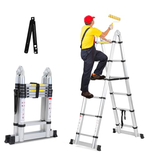 Herrselsam 3.8m(1.9m+1.9m) Teleskopleiter Klappleiter Aluminium, Mehrzweckleiter mit Tragegriff, Rutschfester Tragbar Alu Leiter Maximale Tragfähigkeit 150kg von Herrselsam