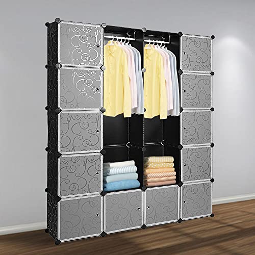 Herrselsam DIY Kleiderschrank Regalsystem 20 Würfel Garderobe Kleiderschrank Offen Kunststoff Garderobe mit Türen Garderobenschrank Schwarz 180 x 142 x 37CM von Herrselsam