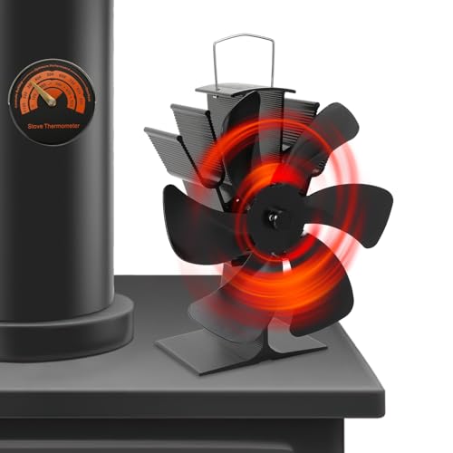 Herrselsam Kaminventilator 6-Blättern Ofenventilator ohne Strom Wärmebetriebener Kamin Ventilator Leiser Ofen mit magnetischem Thermometer mit Thermometer(2 Stücke) von Herrselsam