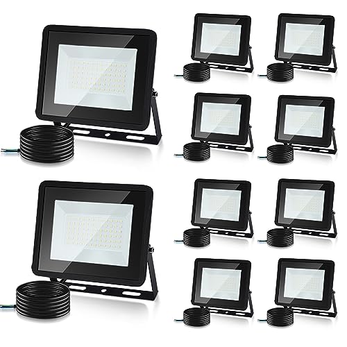 Herrselsam LED Aussenstrahler, 10x100W LED Strahler Außen mit SMD 2835 LED, 8500LM Superhell Alu LED Scheiwerfer 6000K Kaltweiß, IP66 Wasserdicht Flutlicht für Innen & Außen(kein Stecker) von Herrselsam