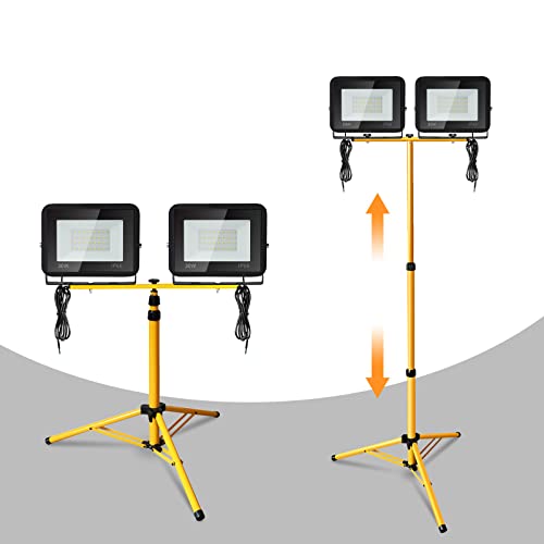Herrselsam LED Baustrahler mit Stativ, 2x50W LED Strahler Arbeitsscheinwerfer, 3000K Warmweiß 4250LM Arbeitsleuchte, IP66 Wasserdicht Baulampe Höhenverstellbar (mit 1m Kabel,kein Stecker) von Herrselsam