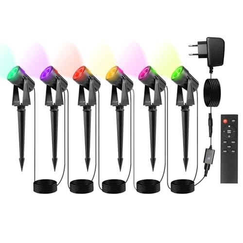 Herrselsam LED Gartenbeleuchtung mit Erdspieß, 6er Set Gartenleuchte, RGB Farbwechsel, IP65 Wasserdicht, LED Gartenstrahler mit Stecker, Gartenlampe Außenbeleuchtung für Außen Garten Rasen von Herrselsam