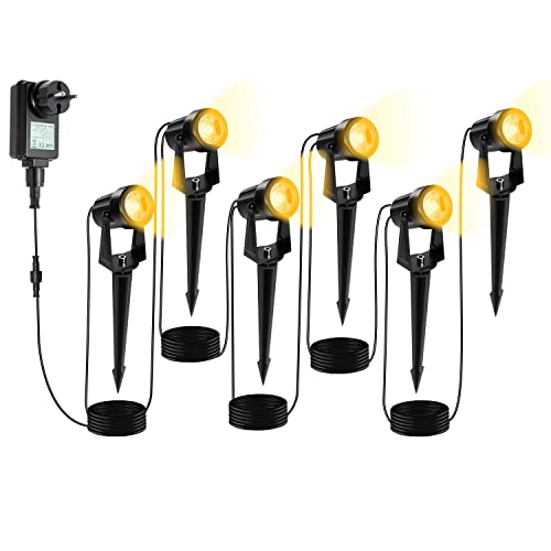 Herrselsam LED Gartenbeleuchtung mit Erdspieß, 6er Set Gartenleuchte Warmweiß, IP65 Wasserdicht, LED Gartenstrahler mit Stecker, Gartenlampe Außenbeleuchtung für Außen Garten Rasen von Herrselsam