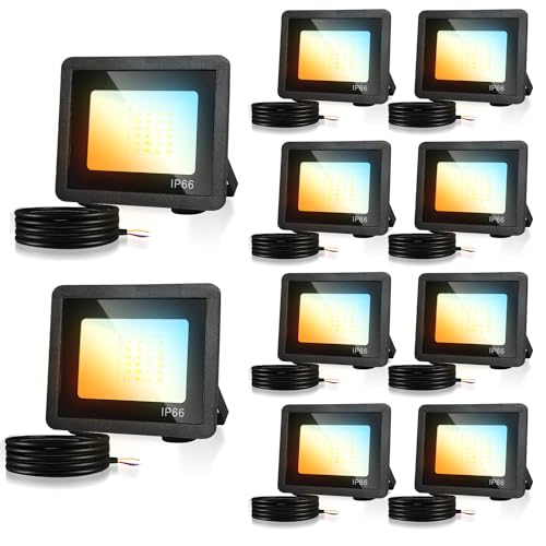 Herrselsam LED Strahler, 10x20W Dimmbar LED Scheinwerfer Flutlicht, 3 Farbtemperatur 3000K/4000K/6500K, IP66 Wasserdicht Aussenstrahler Superhell 1900LM LED Strahler Außen(kein Stecker) von Herrselsam