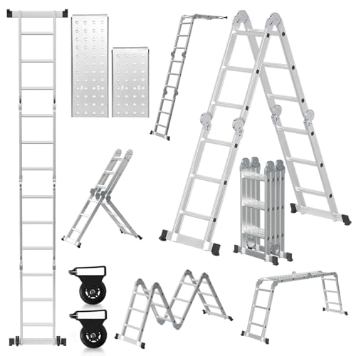 Herrselsam Mehrzweckleiter 4x3, 7in1 Multifunktionsleiter 366CM Alu Vielzweckleiter Klappleiter mit 2 Plattform und Räder, Haushaltsleiter Max Belastung 150kg, Multifunktionsleiter 12 Sprossen von Herrselsam