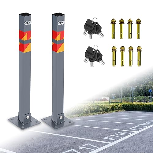 Herrselsam Parkpfosten Klappbar,Parkpfosten Absperrpfosten, Parkplatz-Barriere mit Schlüssel und Reflexstreifen,Stahl Robust Standfuß Stabil Park Poller 2er Set von Herrselsam