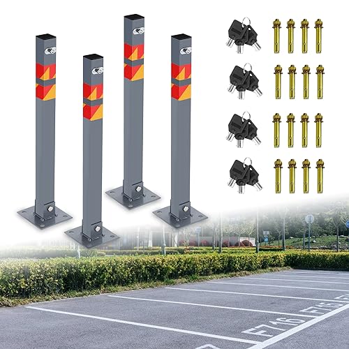 Herrselsam Parkpfosten Klappbar,Parkplatzsperren Absperrpfosten, Parkplatz-Barriere mit Schlüssel und reflektierendem Logo,Stahl Robust Anti-Belegung Parksperre 6er Set von Herrselsam