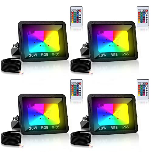 Herrselsam RGB LED Strahler 20W, RGB LED Fluter mit Fernbedienung LED Strahler Außen Dimmbar mit 16 Farben 4 Modi, IP66 Wasserdicht, RGB fluter für Party, Garten, Stimmungslicht (4 Stück) von Herrselsam