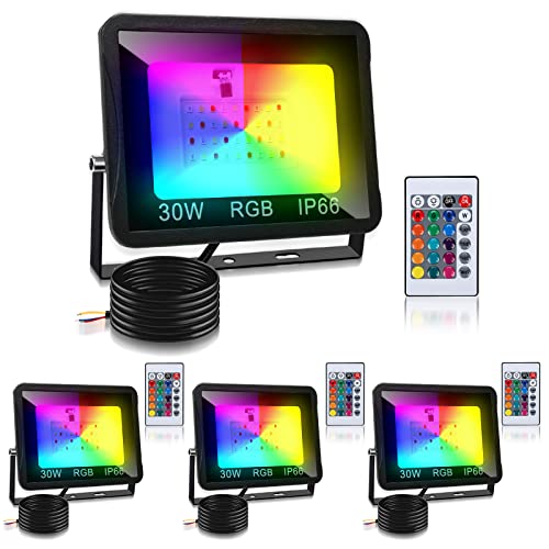 Herrselsam RGB LED Strahler 30W, Fluter Mit Fernbedienung Außen Dimmbar, 16 Farben 4 Modi, IP66 Wasserdicht für Party, Garten, Stimmungslicht (4 Stück) von Herrselsam