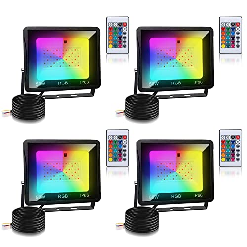 Herrselsam RGB LED Strahler 50W mit Fernbedienung, RGB LED Fluter Dimmbar mit 16 Farben 4 Modi, IP66 Wasserdicht, RGB fluter Outdoor für Party, Garten, Stimmungslicht (4 Stück) von Herrselsam