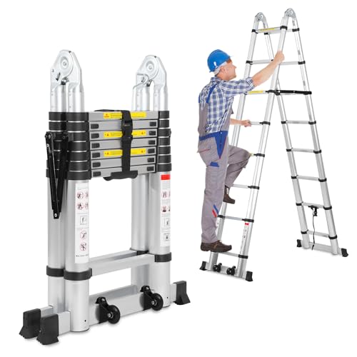 Herrselsam Teleskopleiter A-Rahmen, 3.8m(1.9m+1.9m) Klappleiter Alu Multifunktionsleiter mit Stabilisator Bar und Rädern, Tragbare Rutschfester Aluminiumleiter, Max Belastung 150 KG von Herrselsam