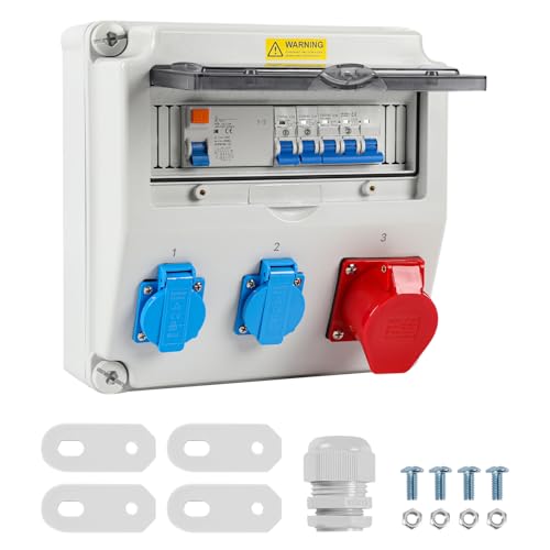 Herrselsam Wandverteiler, 1X16A 2x230V MIT LS+FI mit Leitungsschutzschalter und RCCB, 5 polig Baustromverteiler mit 2 Schutzkontaktsteckdosen und CEE Steckdose 16A Innen/Außenverteiler von Herrselsam