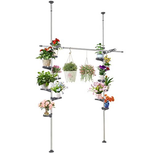 Hershii Teleskop Blumenregal Blumenständer Ecke Pflanzenregale mit 12 Blumentopfhalter und 2 Aufhänger 1 Hängestange für Blumenkörbe und Innenbalkon Garten Höhenverstellbarer 230~290cm Metall Grau von Hershii