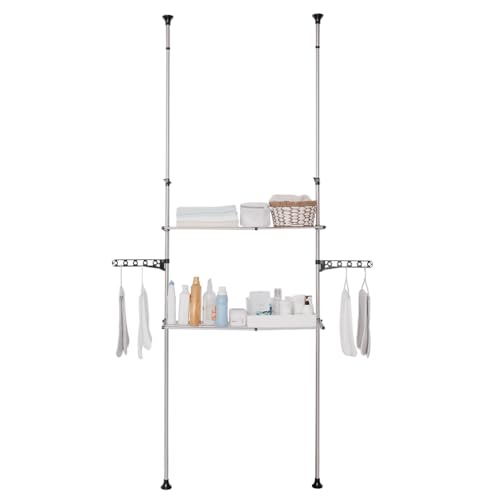 Hershii Teleskop Badregal mit 2 Ablagen und2 Kleiderbügel Klemmregal Über Toilette Standregale Platzsparer Ohne Bohren Überbauregal Teleskop-System Regal über der Waschmaschine,Schwarz,Höhen 295cm von Hershii