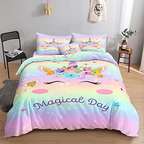 Cartoon Bettwäsche 155x200cm, Kinder Bettwäsche Regenbogen Einhorn Bettbezug 100% Mikrofaser, 2 teiliges Set, Kissenbezug 80x80 cm, Regenbogen von Herside