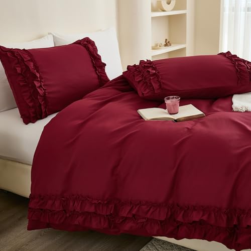 Herside Bettwäsche-Set für Doppelbett, einfarbig, Burgunderrot, wendbar, gerüscht, Boho, rustikales Bettbezug-Set, Heimdekoration für Mädchen und Frauen, 3-teilig von Herside