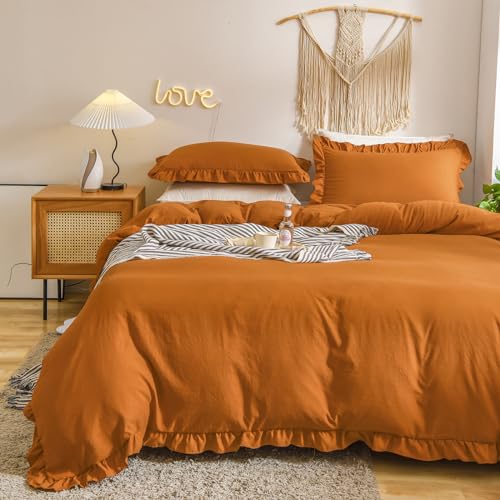 Herside Kürbis Rüsche Bettwäsche 135x200 4teilig Orange Boho Bettwäsche Sets Rüschen Design Mikrofaser Bettbezug mit 2 Kissenbezüge 80x80 cm (Orange gebrannt, 135 x 200 cm 4teilig) von Herside