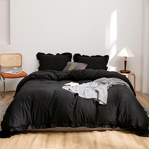 Herside Schwarz Bettwäsche 200x200 cm Böho Bettwäsche Sets Rüschen Design Weich Mikrofaser Rüsche Bettbezug mit 2 Kissenbezüge 80x80 cm (Schwarz, 200 x 200 cm) von Herside