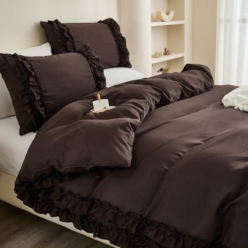 Herside Braunes Rüschen-Bettwäsche-Set, Bauernhaus-Chic, Bettbezug-Set, für alle Jahreszeiten, Super-King-Size-Bett, 260 x 220 cm, Bettbezug-Set für Mädchen und Teenager von Herside