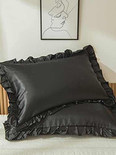 Herside Kissenbezug 2er Set 40x80 Schwarz Satin Kissenbezüge Dekorativ Bezug Super Weich Mikrofaser Kissenhülle Rüschen Dekorieren für Moderne Bett und Stuhlmöbel Waschbar von Herside