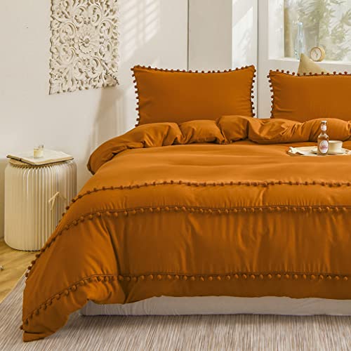 Herside Bettwäsche 135x200 Böho Bettwäsche Sets Mikrofaser Orange Pom Poms Bettbezug mit 1 Kissenbezüge 80x80 mit Reißverschluss (Orange gebrannt, 135 x 200 cm) von Herside