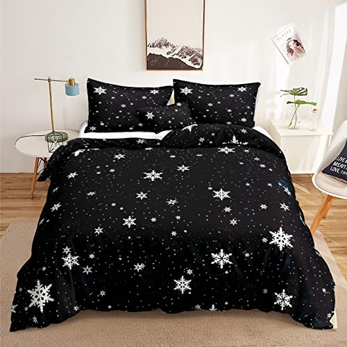 Herside Schneeflocke Bettwäsche 155x200cm Weihnachten Schneeflocke Muster Kinder Weihnachten Bettwäsche Set Bettbezug Einzelbett mit Reißverschluss und 1 Kissenbezug 80x80cm, Schwarz von Herside