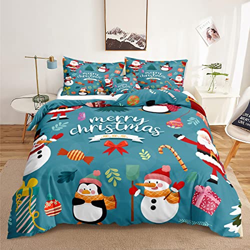 Kinder Bettwäsche Set Schneemann Pinguin Muster Kinder Weihnachten Bettwäsche Set 3 teiliges Set aus Bettwäsche 240x220 cm und 2 Kissen 80x80 cm,Blau von Herside