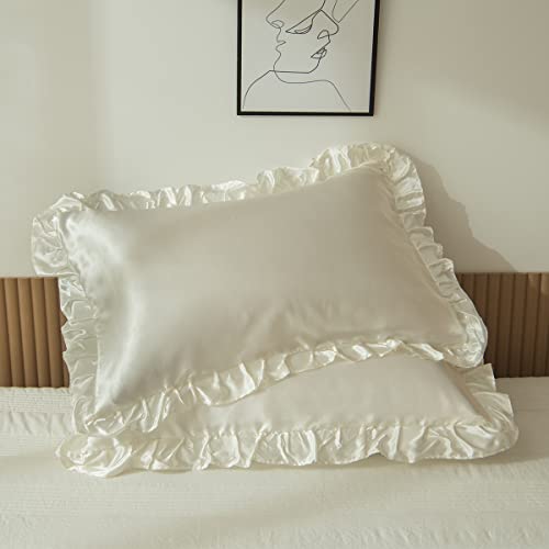Kissenbezug 2er Set 40x80 Weiß Satin Kissenbezüge Dekorativ Bezug Super Weich Mikrofaser Kissenhülle Rüschen Dekorieren für Moderne Bett und Stuhlmöbel Waschbar von Herside