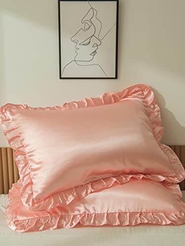 Kissenbezug 2er Set 60x60 Rosa Satin Kissenbezüge Dekorativ Bezug Super Weich Mikrofaser Kissenhülle Rüschen Dekorieren für Moderne Bett und Stuhlmöbel Waschbar von Herside