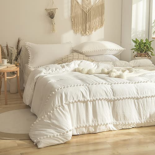 Herside White Bedding Bettwäsche-Set für Einzelbett, Boho-Pom-Poms, Ballfransen-Design, weiche Mikrofaser, Shabby-Chic-Stil, Bettbezug-Set mit 1 Kissenbezug, Weiß, Einzelbett von Herside