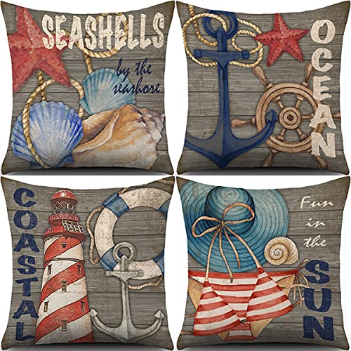 45x45 cm Kissenbezug Moderner nautischer Leuchtturm Anchor Rudder Ocean Seashells Home Decor Dekorative Kissenhülle Baumwolle Leinen Werfen Sie 4er Set von Hervueiy