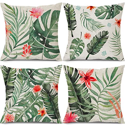 Kissenbezug Sommer 40x40 cm Moderne Grüne Blätter Rote Blume Kissenhüllen Dekorative Sofakissen Dekokissen Weicher Dekorativ Zierkissenbezug für Wohnzimmer Sofa Schlafzimmer 4er Set von Hervueiy