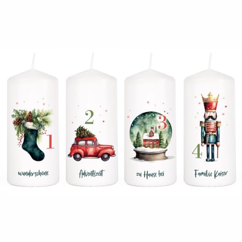 Herz & Heim® Adventskerzen Set -Weihnachtszauber- mit stimmungsvollen Motiven und Wunschtext auf 4 Kerzen von Herz & Heim