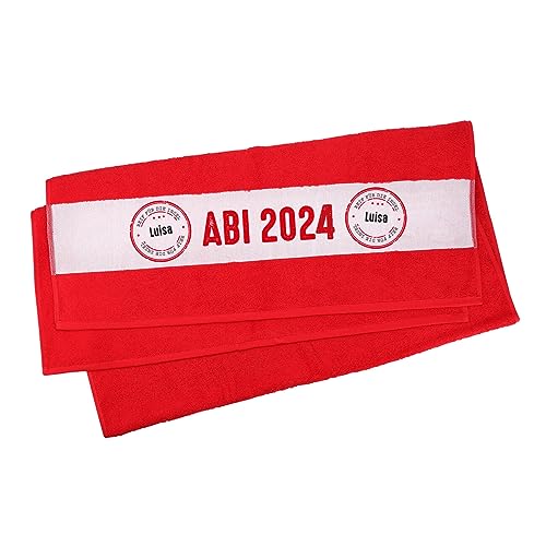 Herz & Heim® Badetuch zum Abi 2024-70 cm x 140 cm (B/H) - Reif für die Insel - mit Namen Rot von Herz & Heim