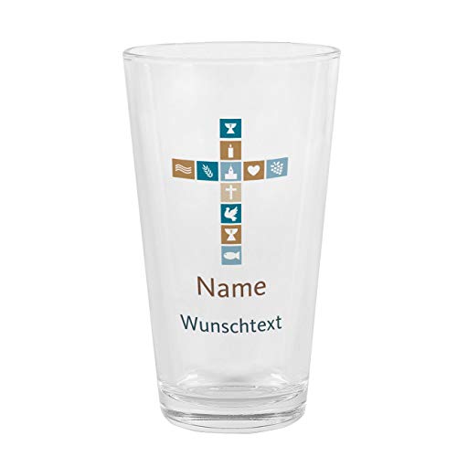 Herz & Heim® Bedrucktes Trinkglas mit Namen und Wunschtext zur Taufe/Kommunion/Konfirmation Blau von Herz & Heim