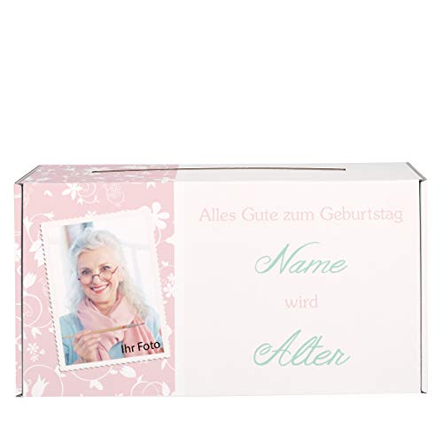 Herz & Heim® Briefbox Geldbox mit Foto-Aufdruck zum Geburtstag mit Name und Alter des Jubilars Rosé von Herz & Heim